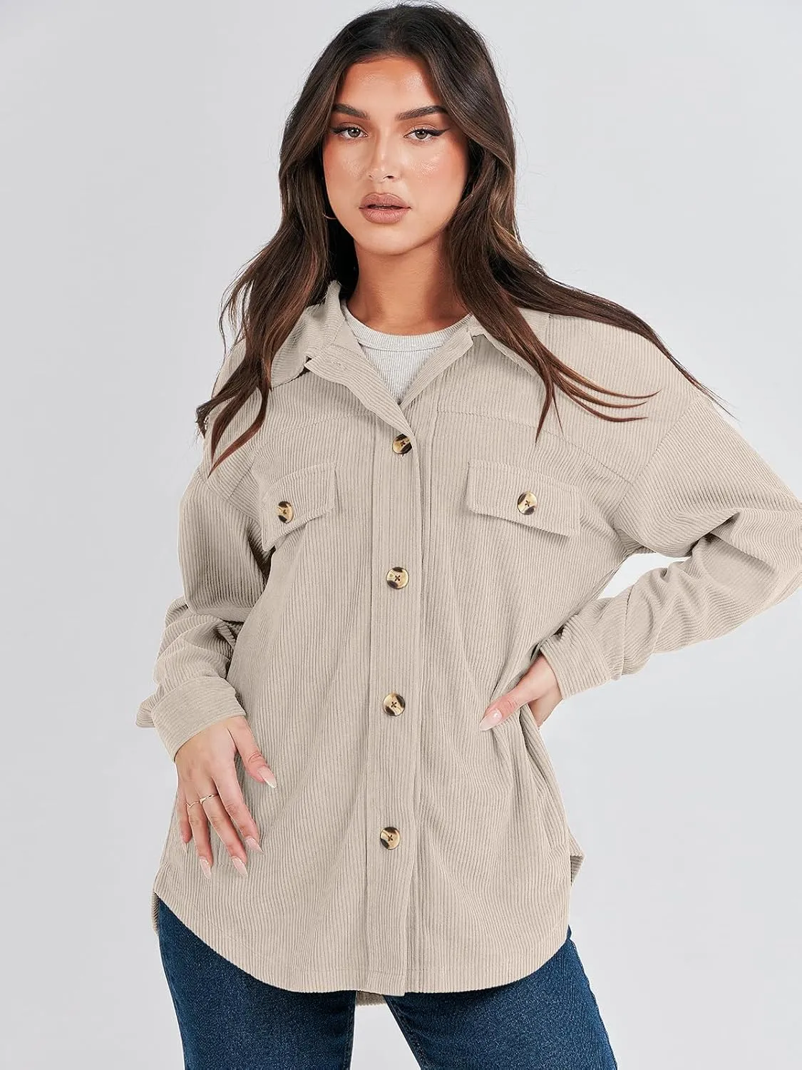 ANRABESS Womens Corduroy Shacket Button Down Shirts Oversized Long Sleeve Casual Cardigan Jacket 2025 Fall Fashion Clothes