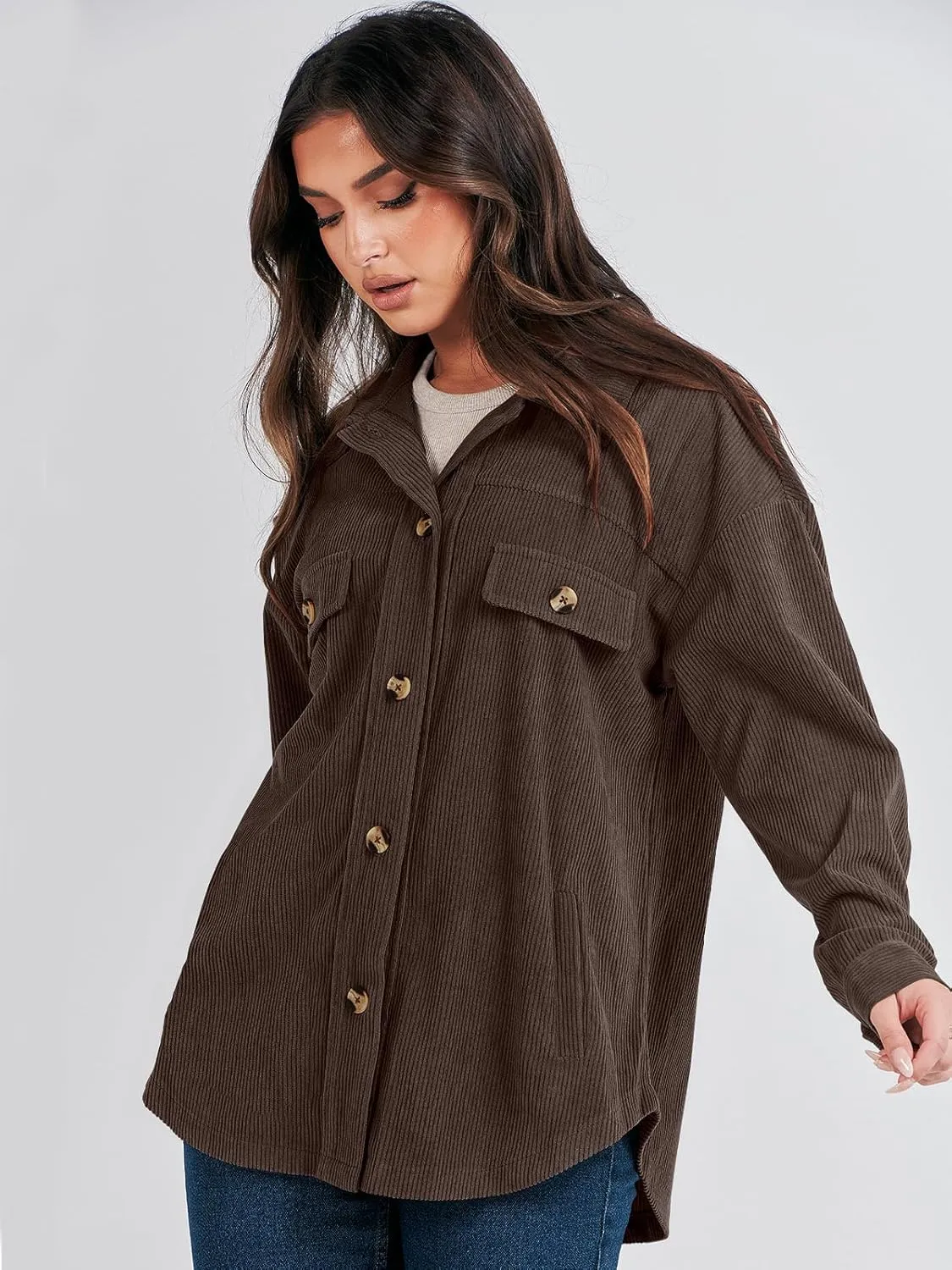 ANRABESS Womens Corduroy Shacket Button Down Shirts Oversized Long Sleeve Casual Cardigan Jacket 2025 Fall Fashion Clothes