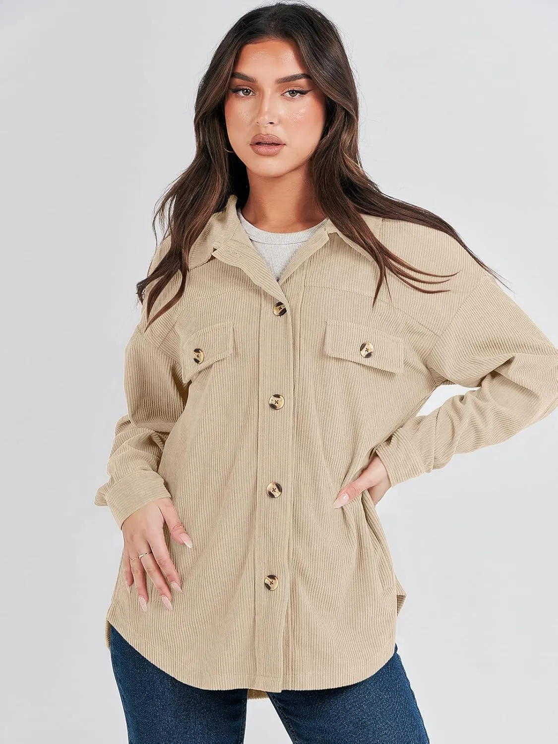 ANRABESS Womens Corduroy Shacket Button Down Shirts Oversized Long Sleeve Casual Cardigan Jacket 2025 Fall Fashion Clothes