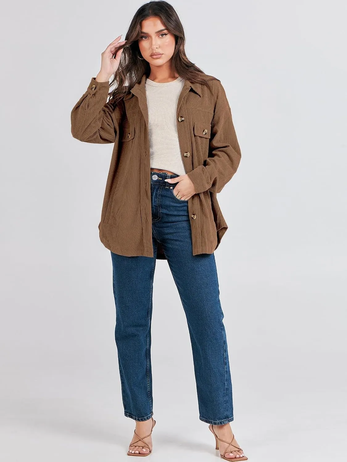 ANRABESS Womens Corduroy Shacket Button Down Shirts Oversized Long Sleeve Casual Cardigan Jacket 2025 Fall Fashion Clothes