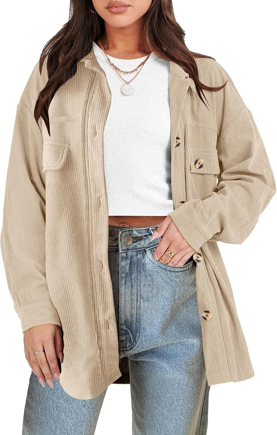 ANRABESS Womens Corduroy Shacket Button Down Shirts Oversized Long Sleeve Casual Cardigan Jacket 2025 Fall Fashion Clothes