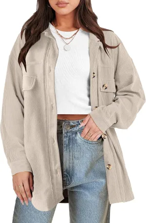 ANRABESS Womens Corduroy Shacket Button Down Shirts Oversized Long Sleeve Casual Cardigan Jacket 2025 Fall Fashion Clothes