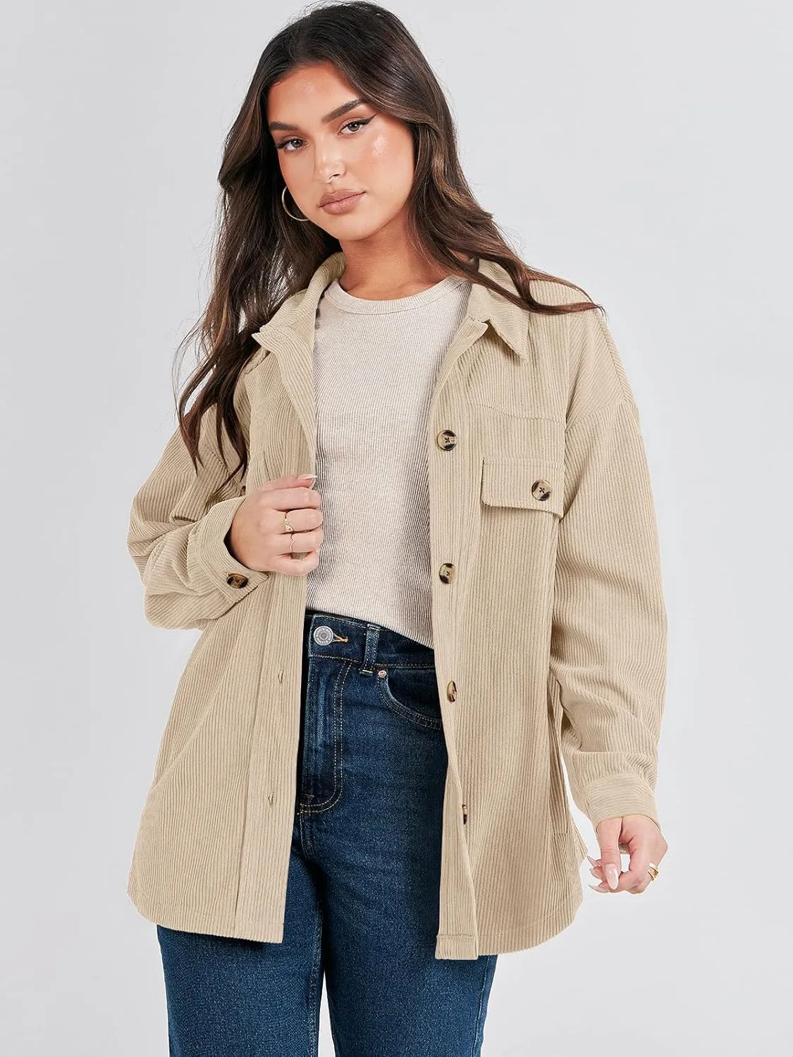 ANRABESS Womens Corduroy Shacket Button Down Shirts Oversized Long Sleeve Casual Cardigan Jacket 2025 Fall Fashion Clothes