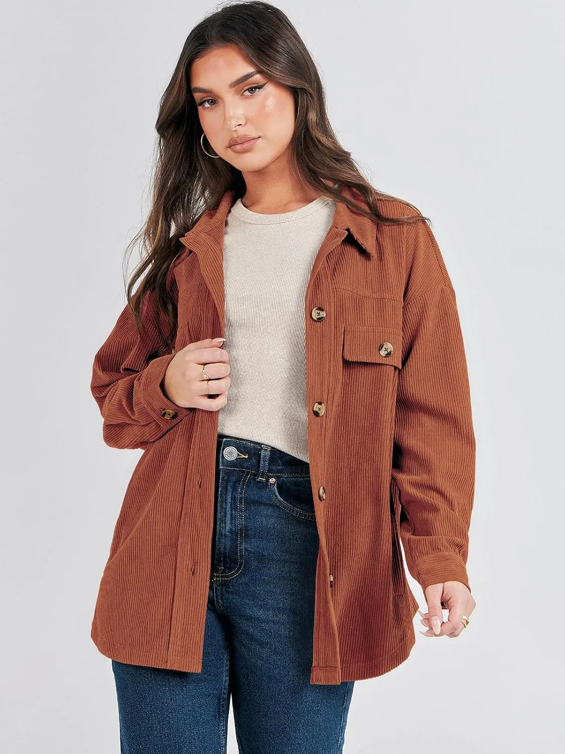 ANRABESS Womens Corduroy Shacket Button Down Shirts Oversized Long Sleeve Casual Cardigan Jacket 2025 Fall Fashion Clothes