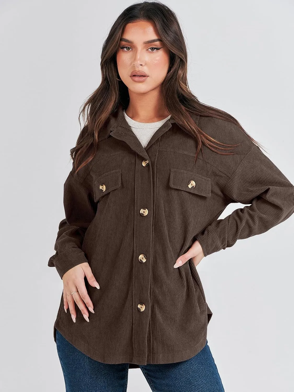 ANRABESS Womens Corduroy Shacket Button Down Shirts Oversized Long Sleeve Casual Cardigan Jacket 2025 Fall Fashion Clothes
