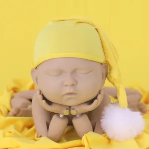 Babymoon Milk Silk Long Tail Pom Pom Cap Hat | Baby Photography Props | Yellow | 0-3 Months
