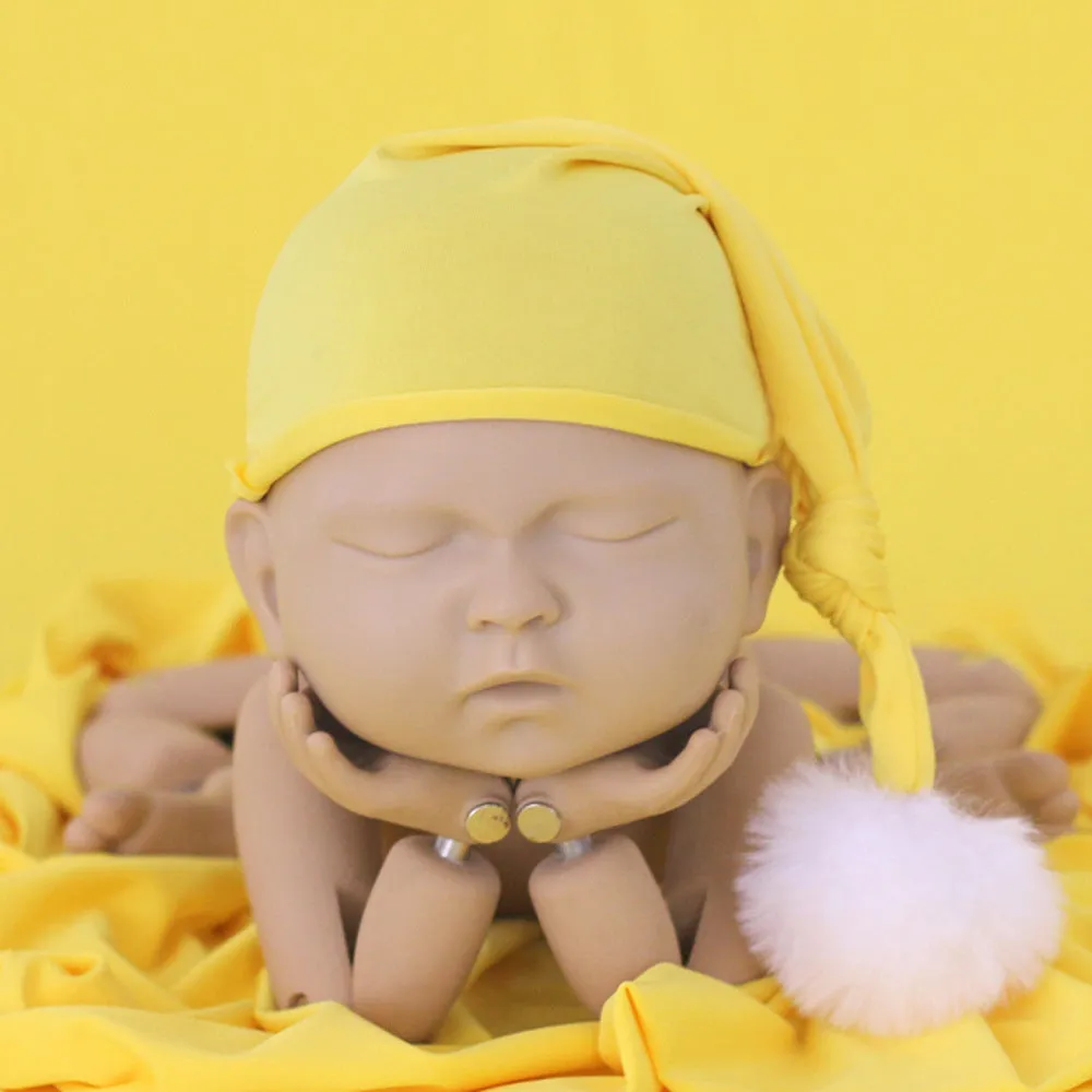 Babymoon Milk Silk Long Tail Pom Pom Cap Hat | Baby Photography Props | Yellow | 0-3 Months