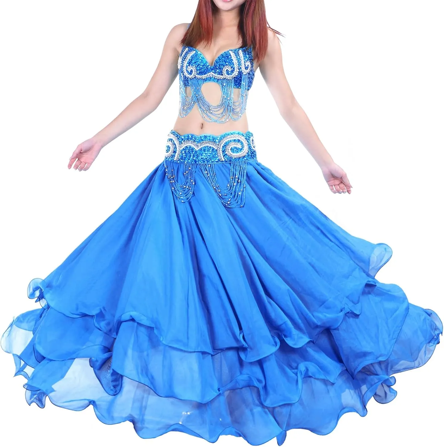 Belly Dance Skirt Halloween Tribal Chiffon Tiered Maxi Full Skirt 37.8 Inch Length