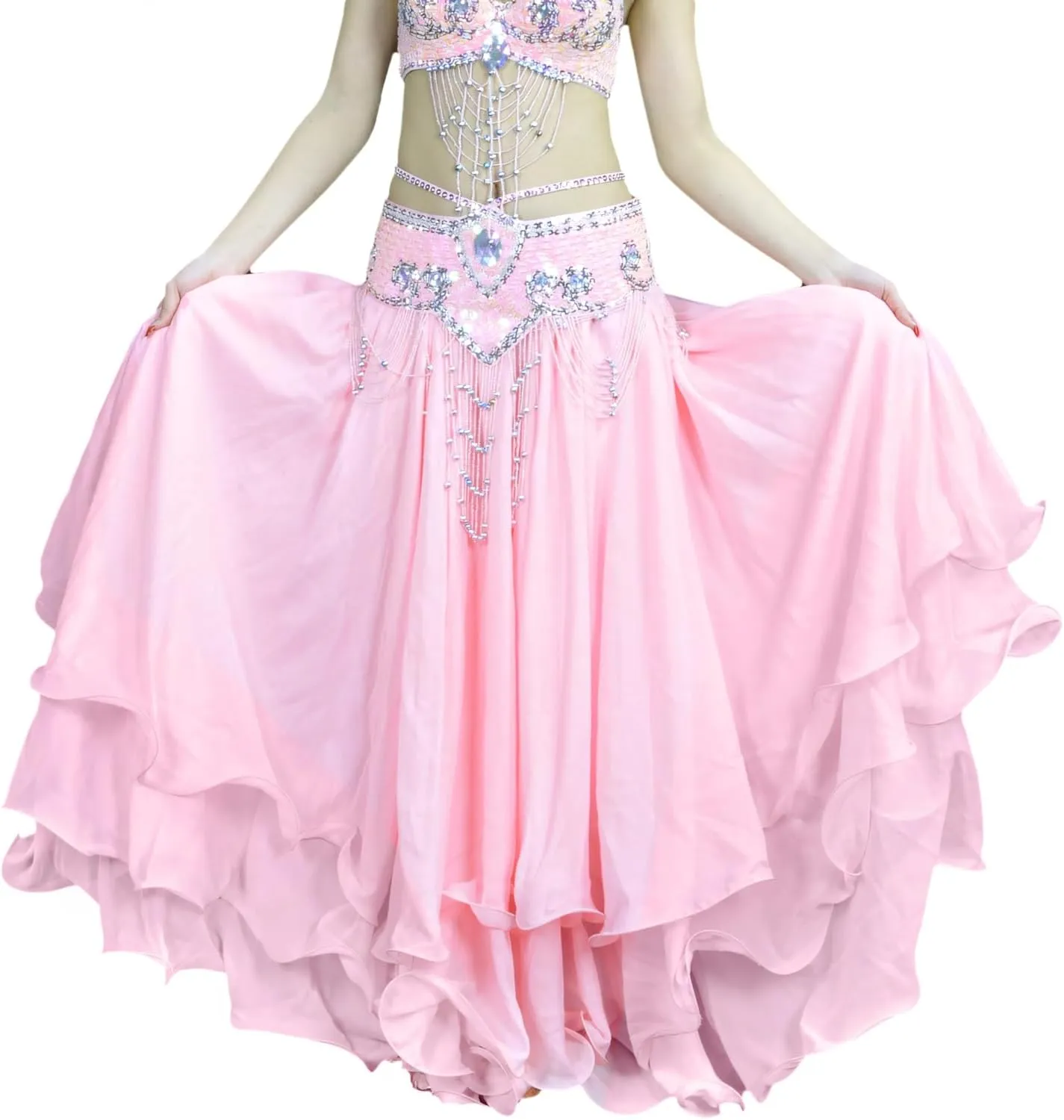 Belly Dance Skirt Halloween Tribal Chiffon Tiered Maxi Full Skirt 37.8 Inch Length