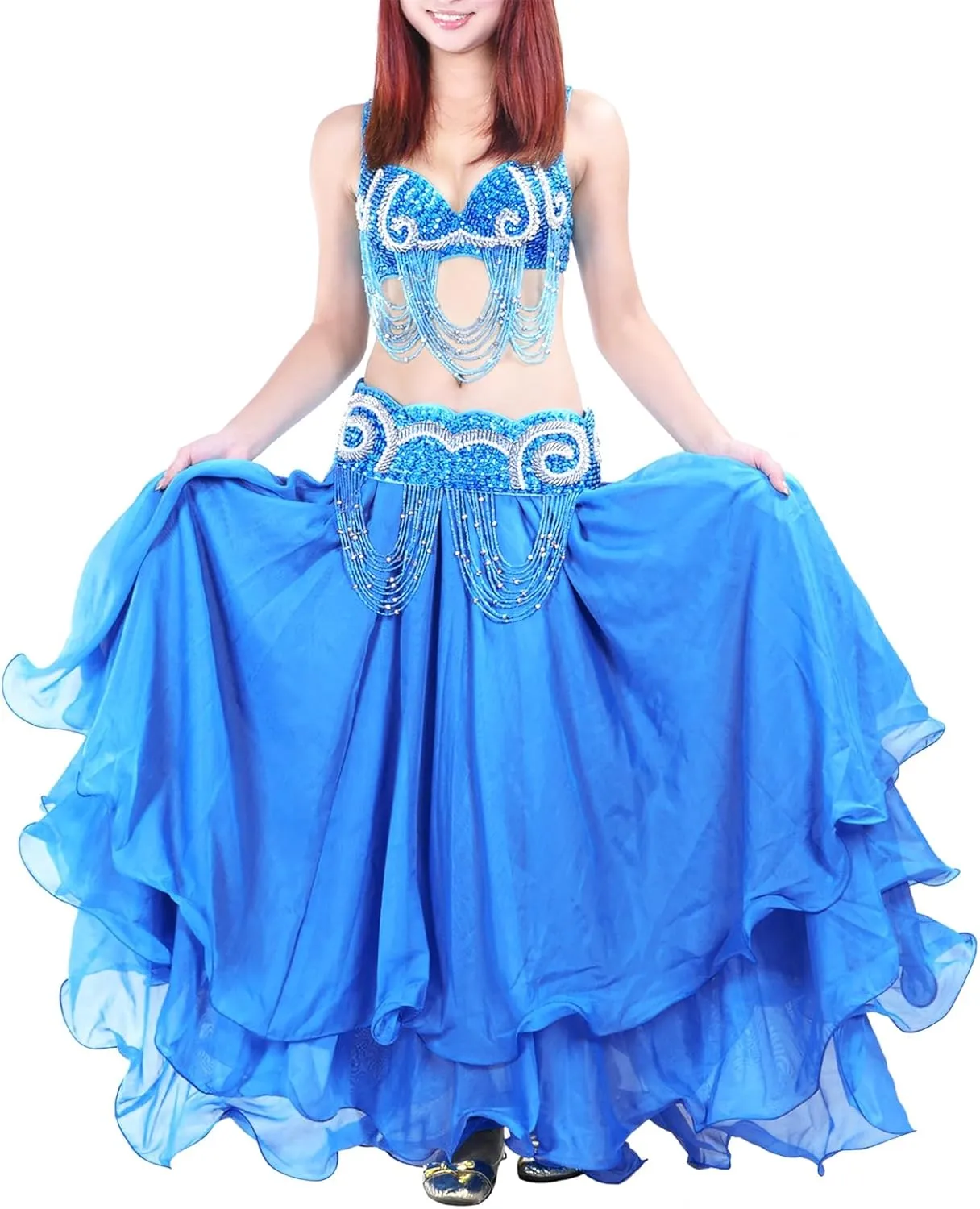 Belly Dance Skirt Halloween Tribal Chiffon Tiered Maxi Full Skirt 37.8 Inch Length