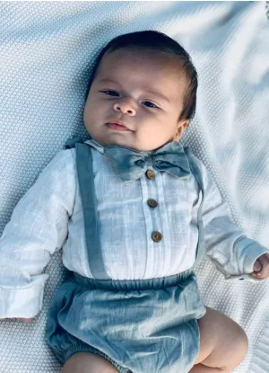 Boys Infant One-Piece Full Sleeves Romper With Attached Bow-Tie - Grey
