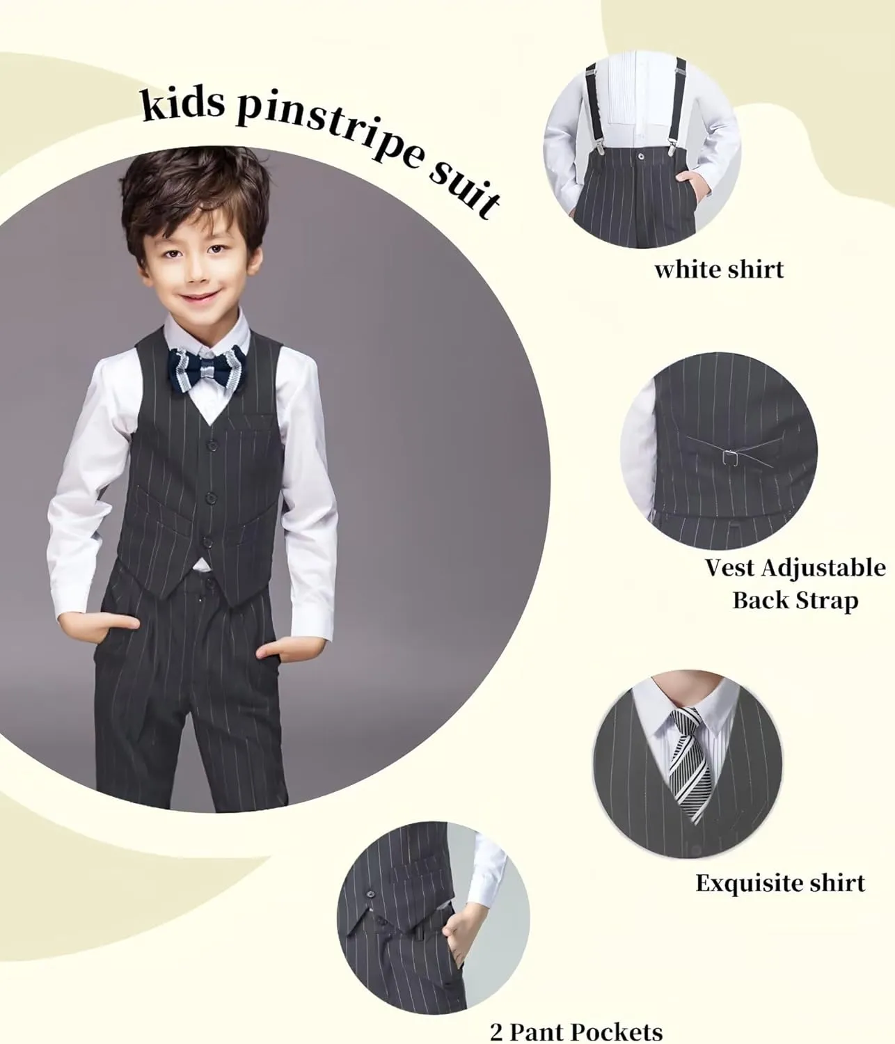 Boys Pinstripe Suits Kids Wedding Bearer Outfit Toddler Boy Communion Clothes Easter Formal Suit Set with Shirt and Tie