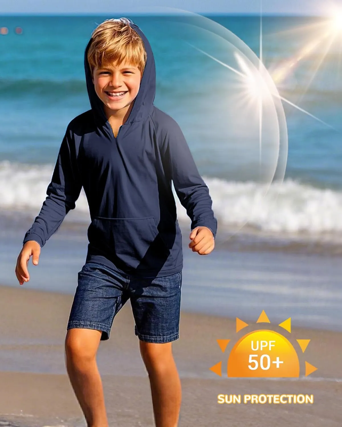 Boys Rash Guard Long Sleeve Hoodie Swim Shirt with Pocket Youth Kids UPF 50  Sun Protection Fishing Shirts Thumb Hole