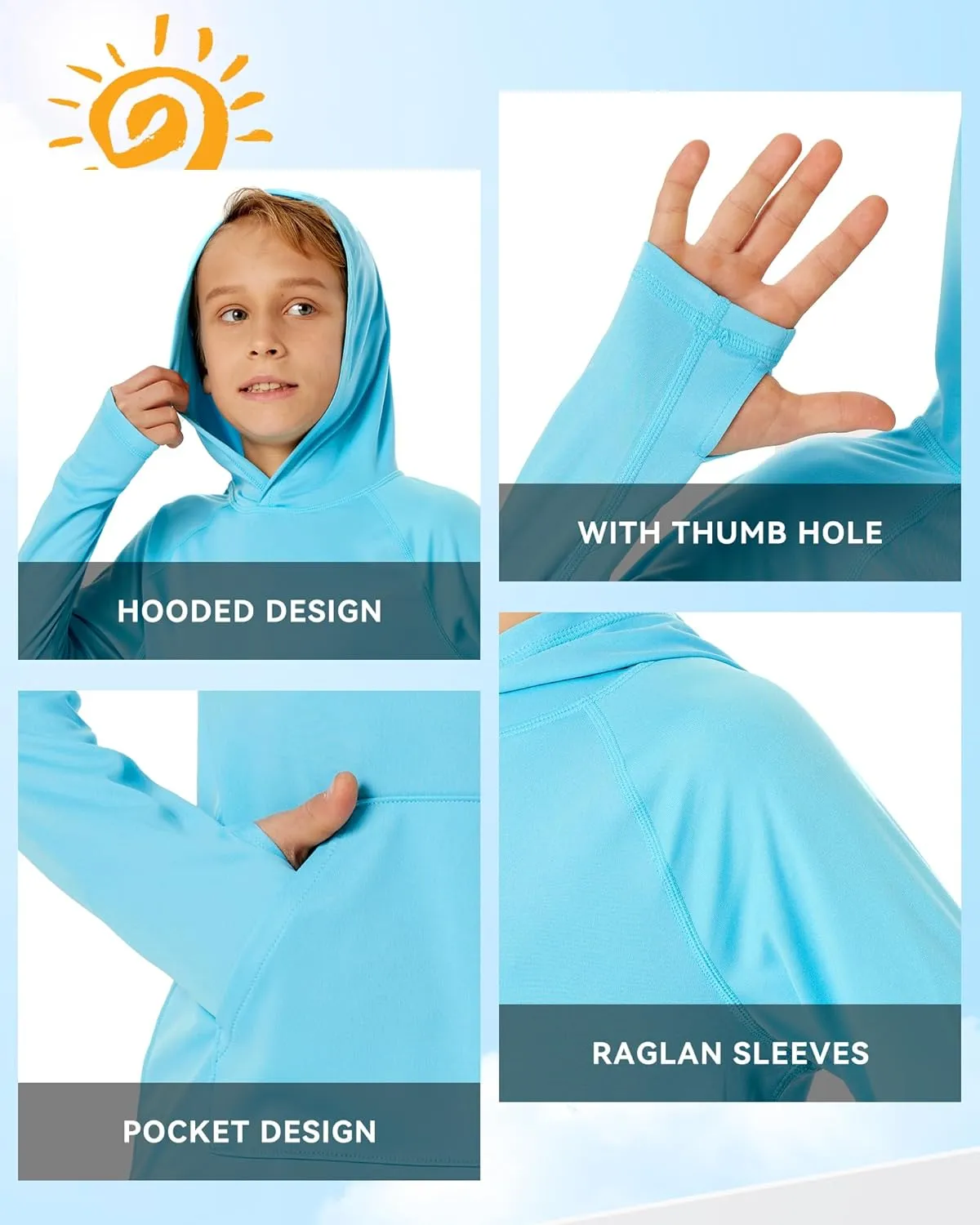 Boys Rash Guard Long Sleeve Hoodie Swim Shirt with Pocket Youth Kids UPF 50  Sun Protection Fishing Shirts Thumb Hole