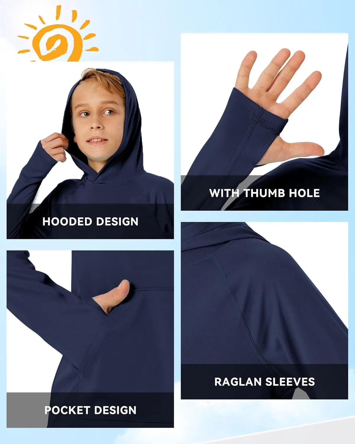 Boys Rash Guard Long Sleeve Hoodie Swim Shirt with Pocket Youth Kids UPF 50  Sun Protection Fishing Shirts Thumb Hole
