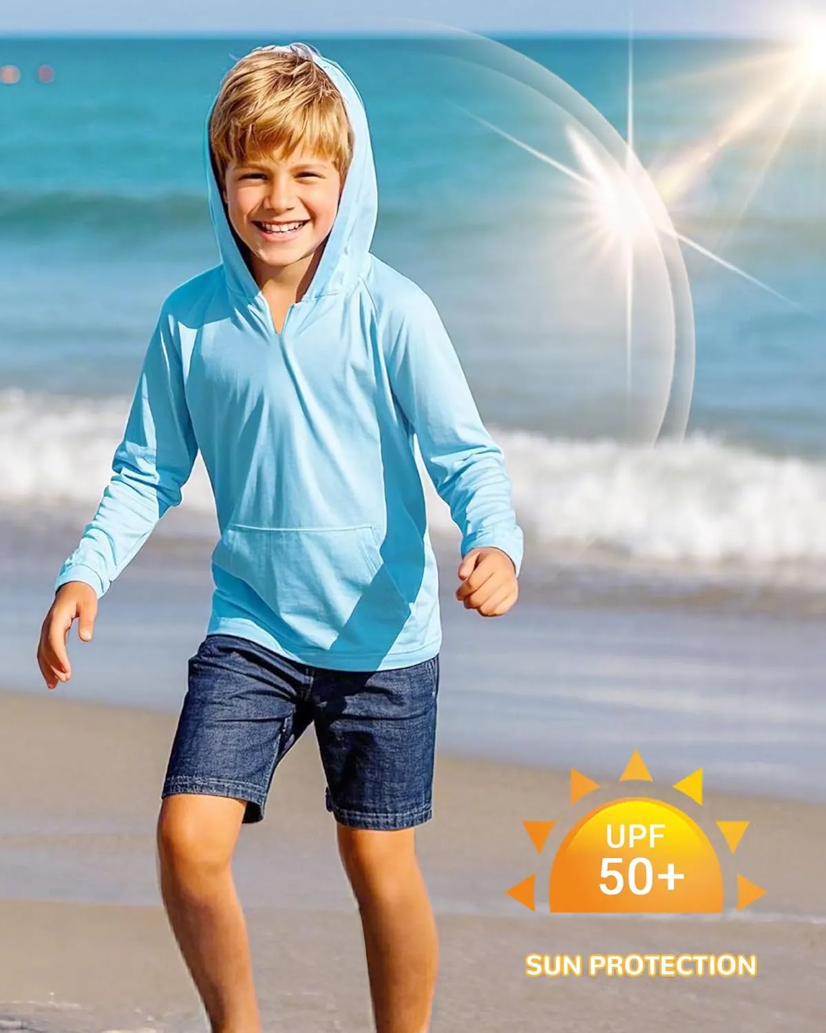 Boys Rash Guard Long Sleeve Hoodie Swim Shirt with Pocket Youth Kids UPF 50  Sun Protection Fishing Shirts Thumb Hole