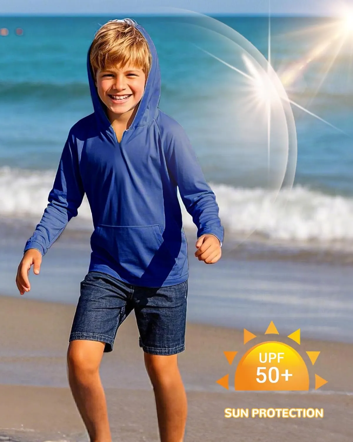 Boys Rash Guard Long Sleeve Hoodie Swim Shirt with Pocket Youth Kids UPF 50  Sun Protection Fishing Shirts Thumb Hole