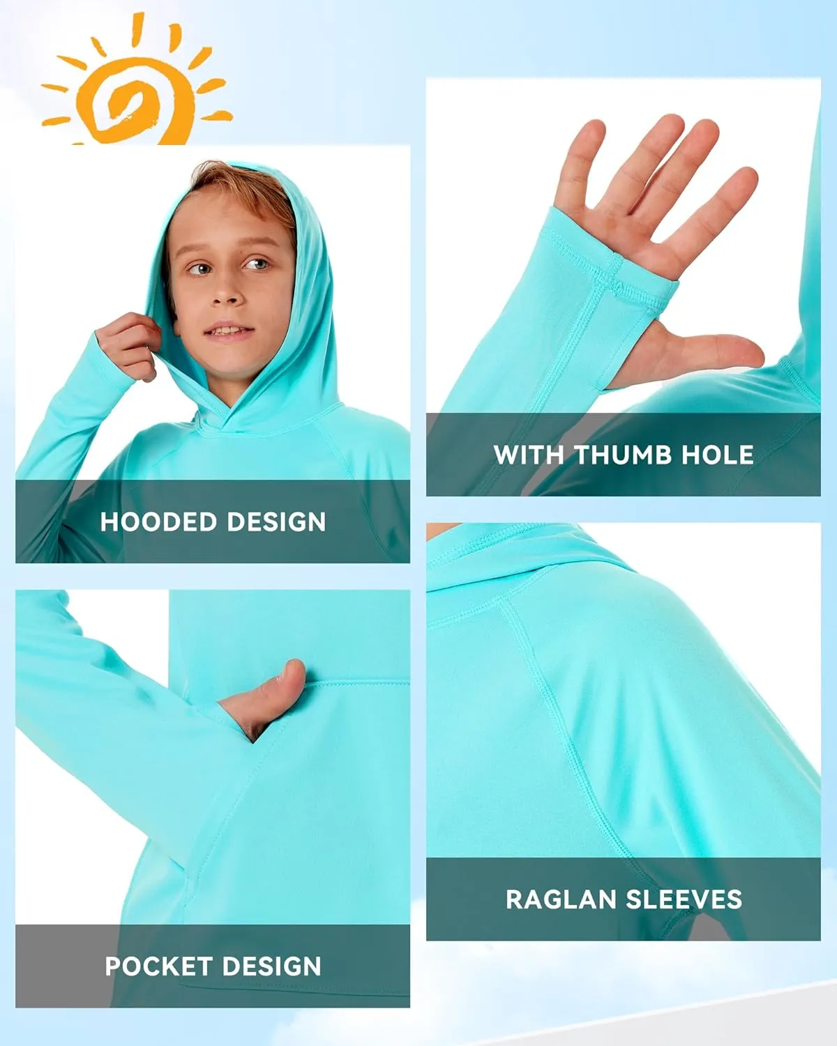 Boys Rash Guard Long Sleeve Hoodie Swim Shirt with Pocket Youth Kids UPF 50  Sun Protection Fishing Shirts Thumb Hole
