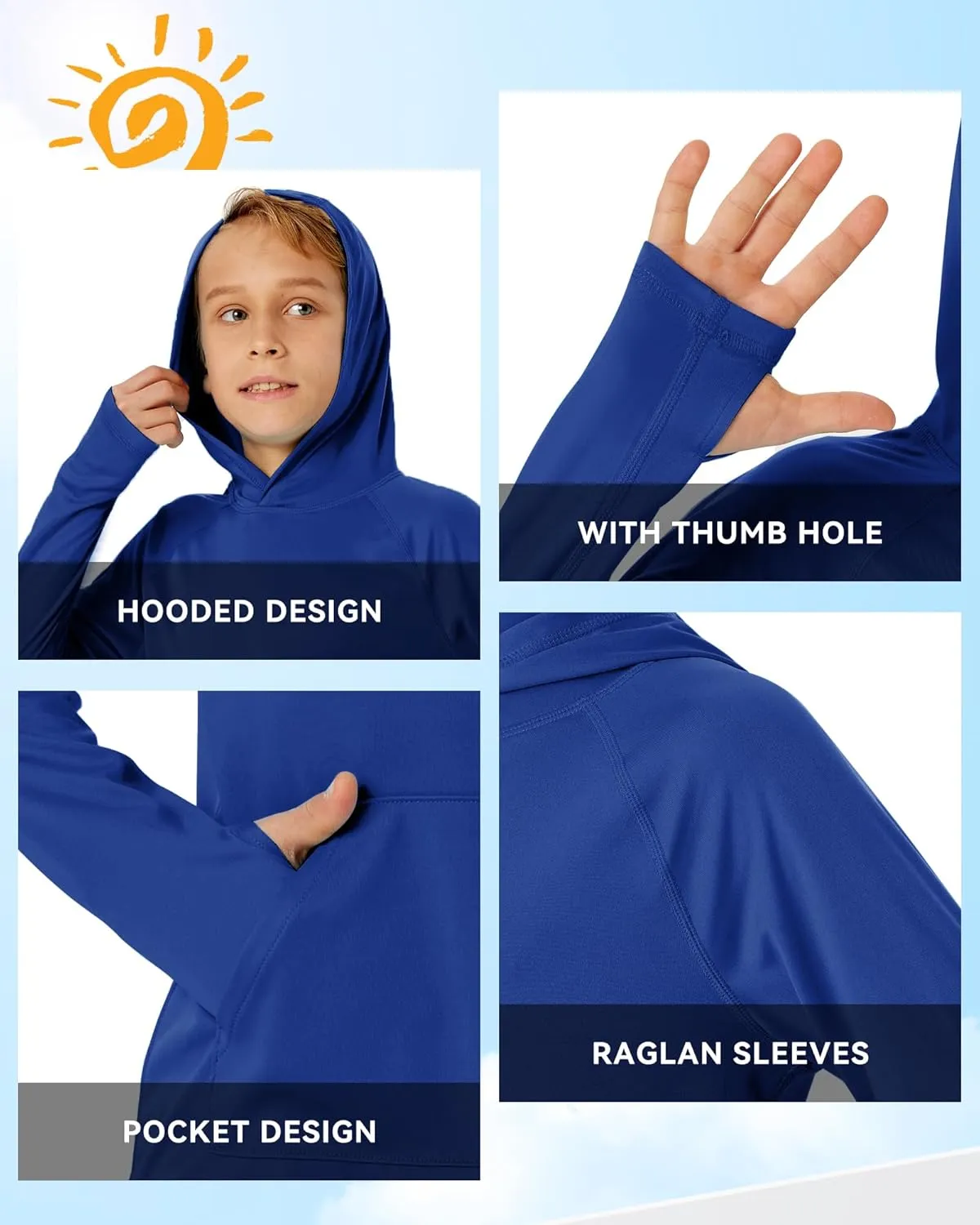 Boys Rash Guard Long Sleeve Hoodie Swim Shirt with Pocket Youth Kids UPF 50  Sun Protection Fishing Shirts Thumb Hole