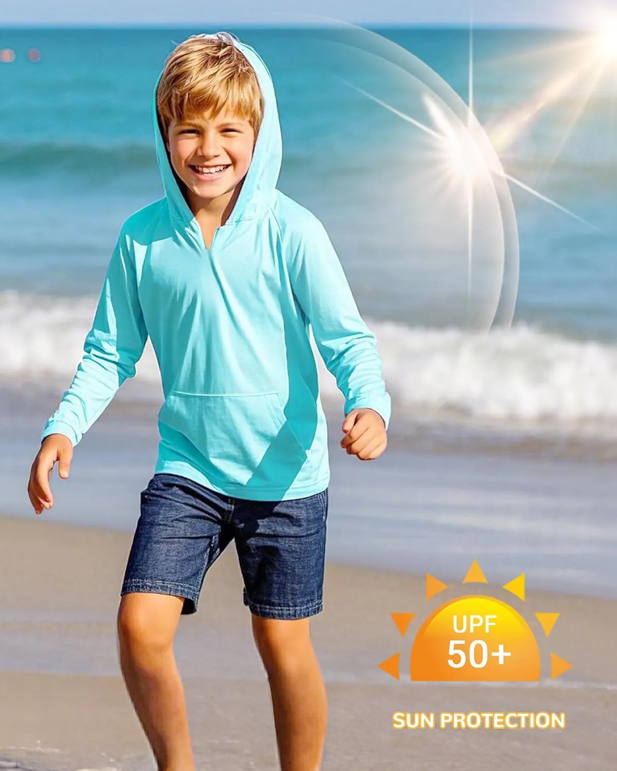 Boys Rash Guard Long Sleeve Hoodie Swim Shirt with Pocket Youth Kids UPF 50  Sun Protection Fishing Shirts Thumb Hole