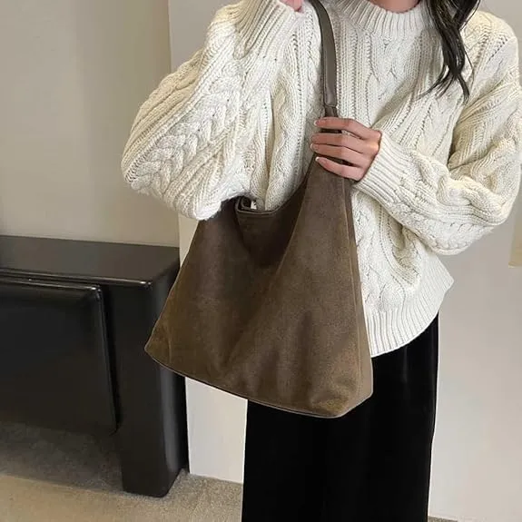 Brown Suede Hobo Tote Bag for Women, Adults, Versatile, Everyday Use