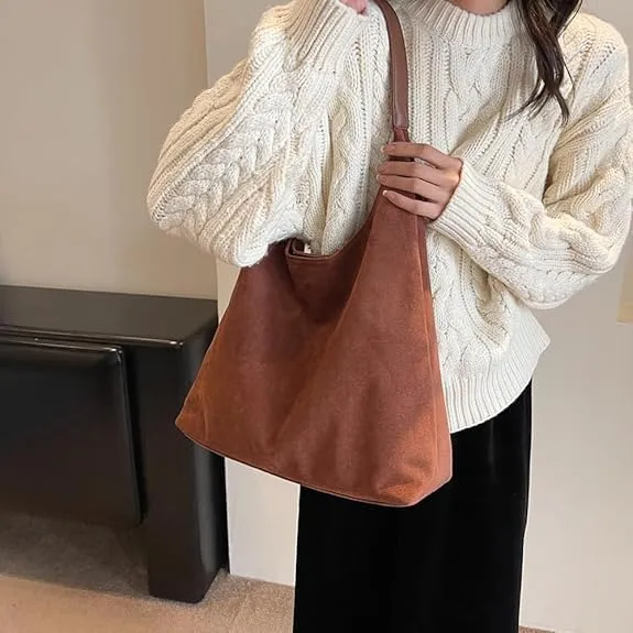 Brown Suede Hobo Tote Bag for Women, Adults, Versatile, Everyday Use
