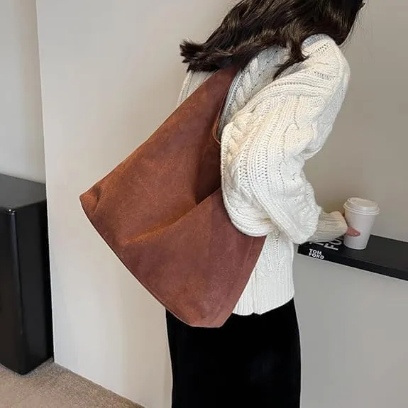 Brown Suede Hobo Tote Bag for Women, Adults, Versatile, Everyday Use