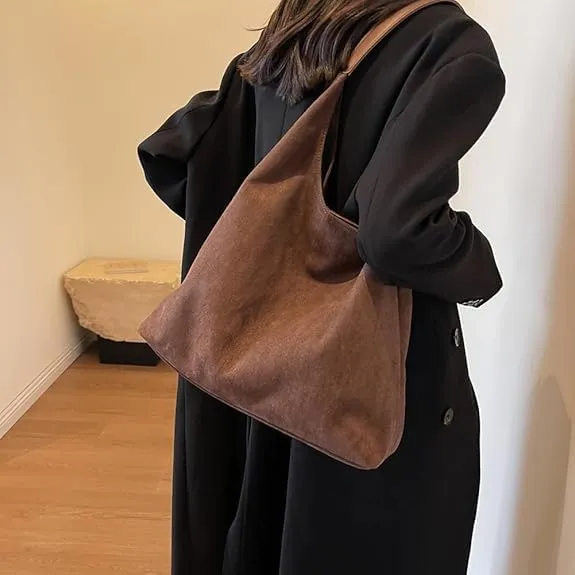 Brown Suede Hobo Tote Bag for Women, Adults, Versatile, Everyday Use