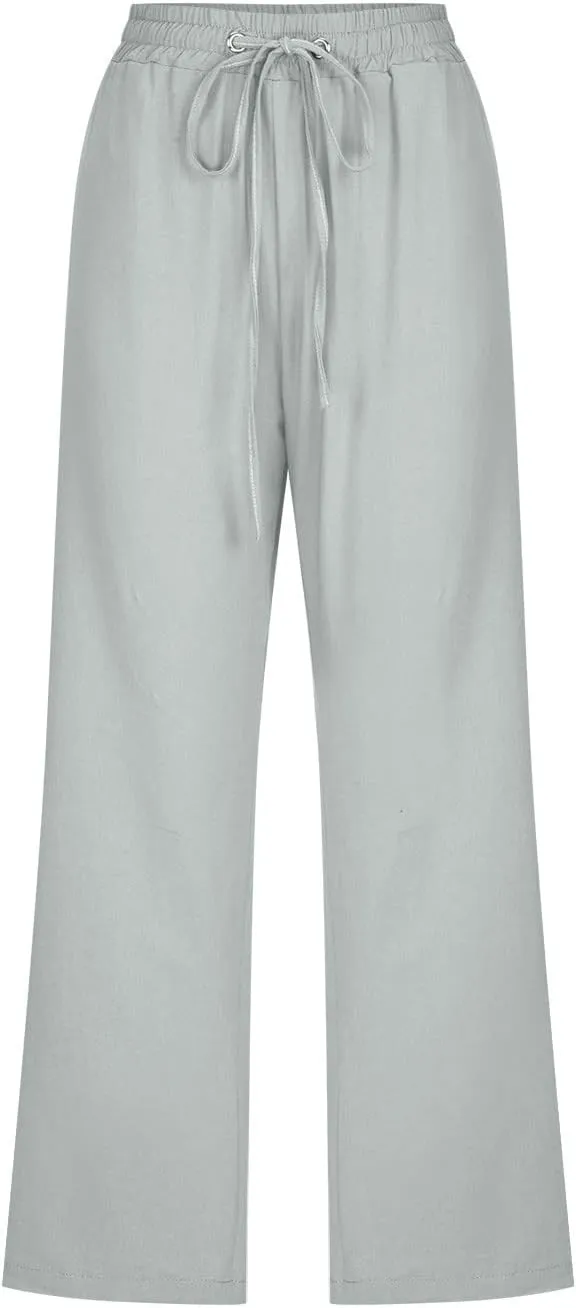 Capri Pants for Women Casual 2025 Summer Drawstring Elastic Waist Linen Pant Straight Wide Leg Pocket Cropped Trouser Cropped