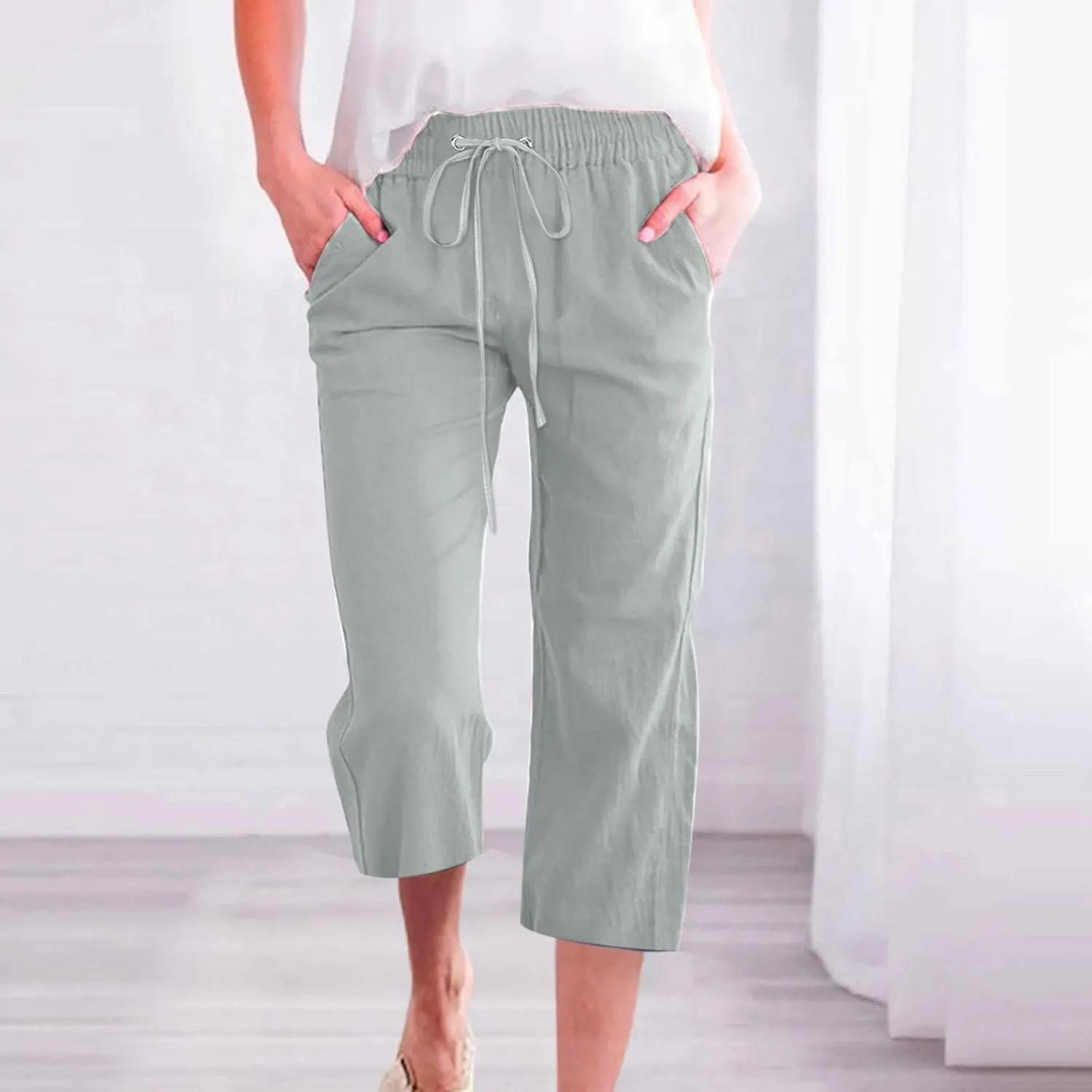 Capri Pants for Women Casual 2025 Summer Drawstring Elastic Waist Linen Pant Straight Wide Leg Pocket Cropped Trouser Cropped