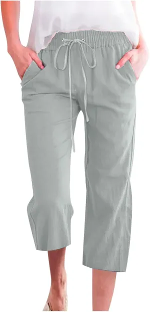 Capri Pants for Women Casual 2025 Summer Drawstring Elastic Waist Linen Pant Straight Wide Leg Pocket Cropped Trouser Cropped