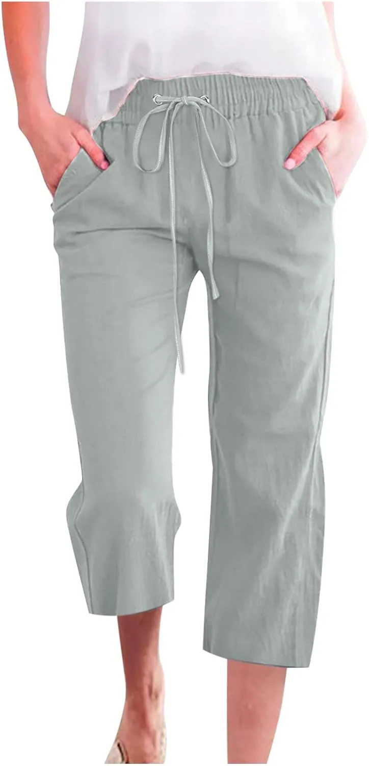 Capri Pants for Women Casual 2025 Summer Drawstring Elastic Waist Linen Pant Straight Wide Leg Pocket Cropped Trouser Cropped