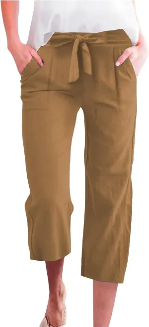 Capri Pants for Women Casual Wide Leg Linen Pants Elastic Waist Tie Belt Straight Leg Drawstring Trousers with Pockets