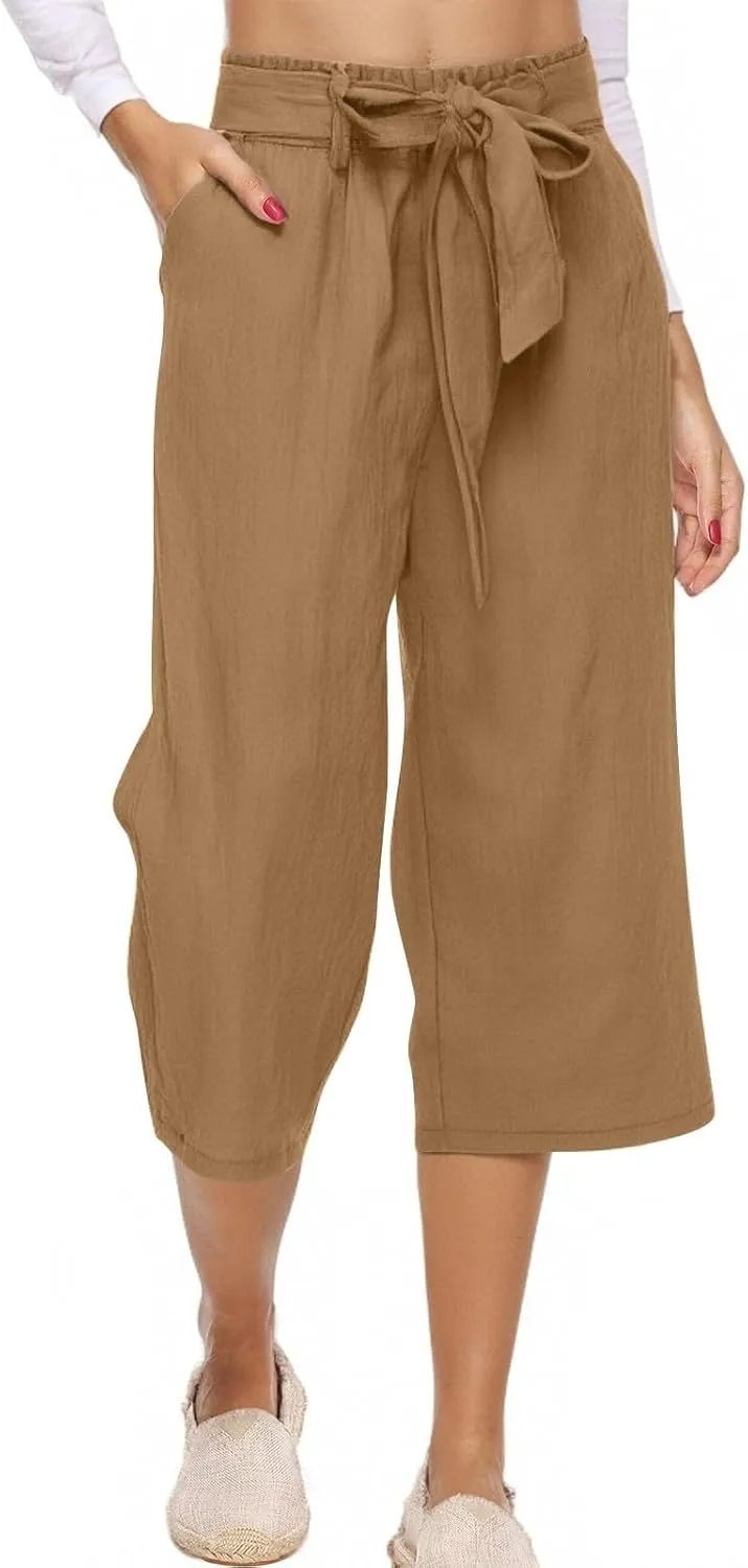 Capri Pants for Women Casual Wide Leg Linen Pants Elastic Waist Tie Belt Straight Leg Drawstring Trousers with Pockets