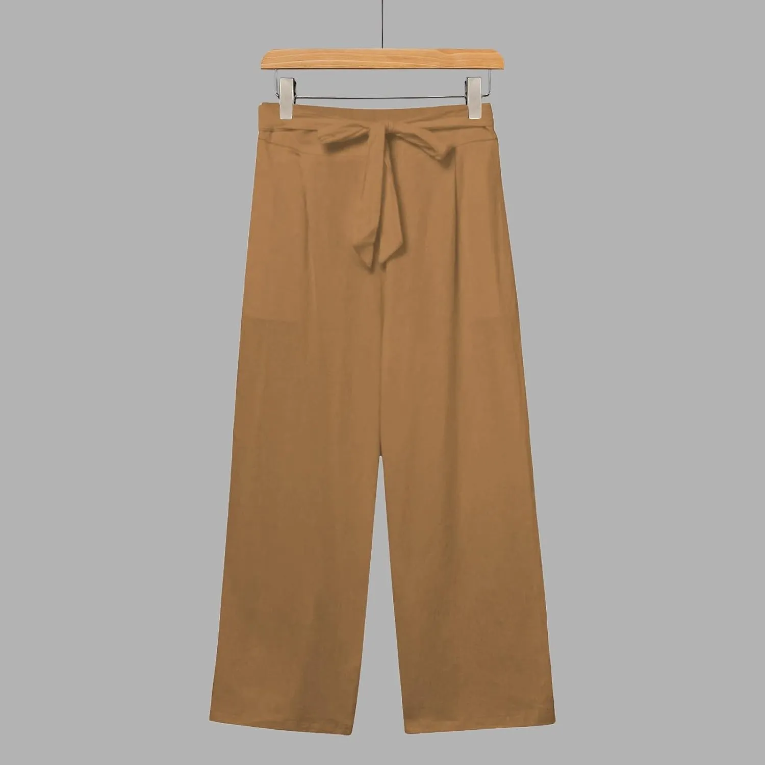Capri Pants for Women Casual Wide Leg Linen Pants Elastic Waist Tie Belt Straight Leg Drawstring Trousers with Pockets