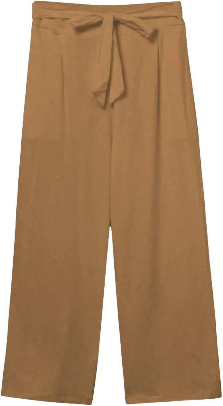 Capri Pants for Women Casual Wide Leg Linen Pants Elastic Waist Tie Belt Straight Leg Drawstring Trousers with Pockets