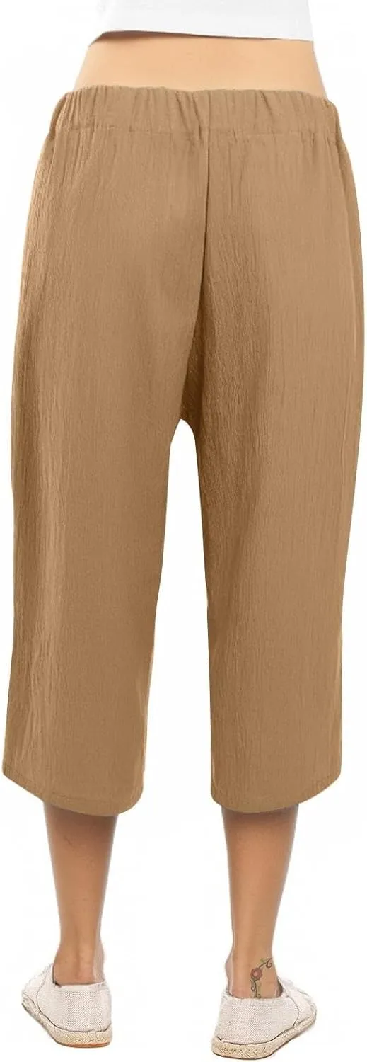 Capri Pants for Women Casual Wide Leg Linen Pants Elastic Waist Tie Belt Straight Leg Drawstring Trousers with Pockets
