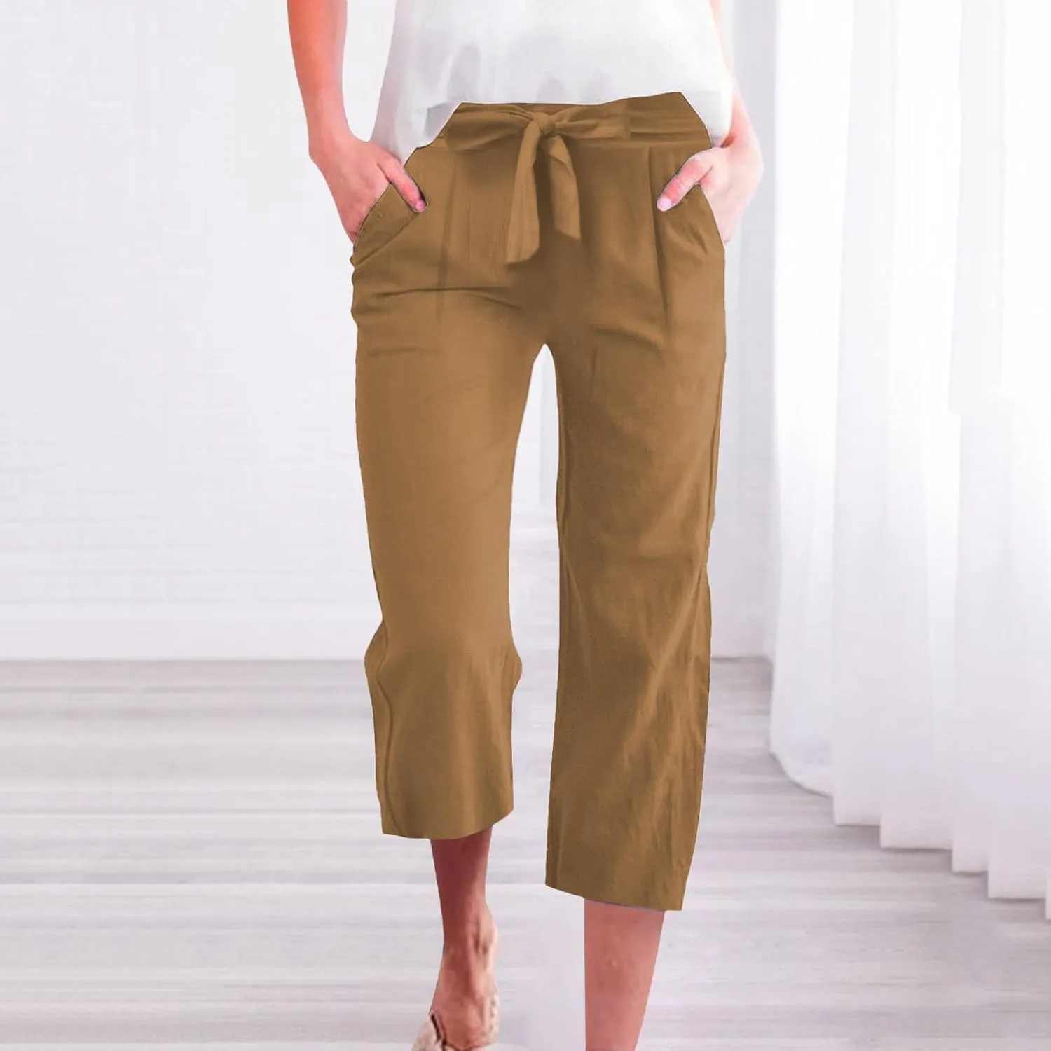 Capri Pants for Women Casual Wide Leg Linen Pants Elastic Waist Tie Belt Straight Leg Drawstring Trousers with Pockets