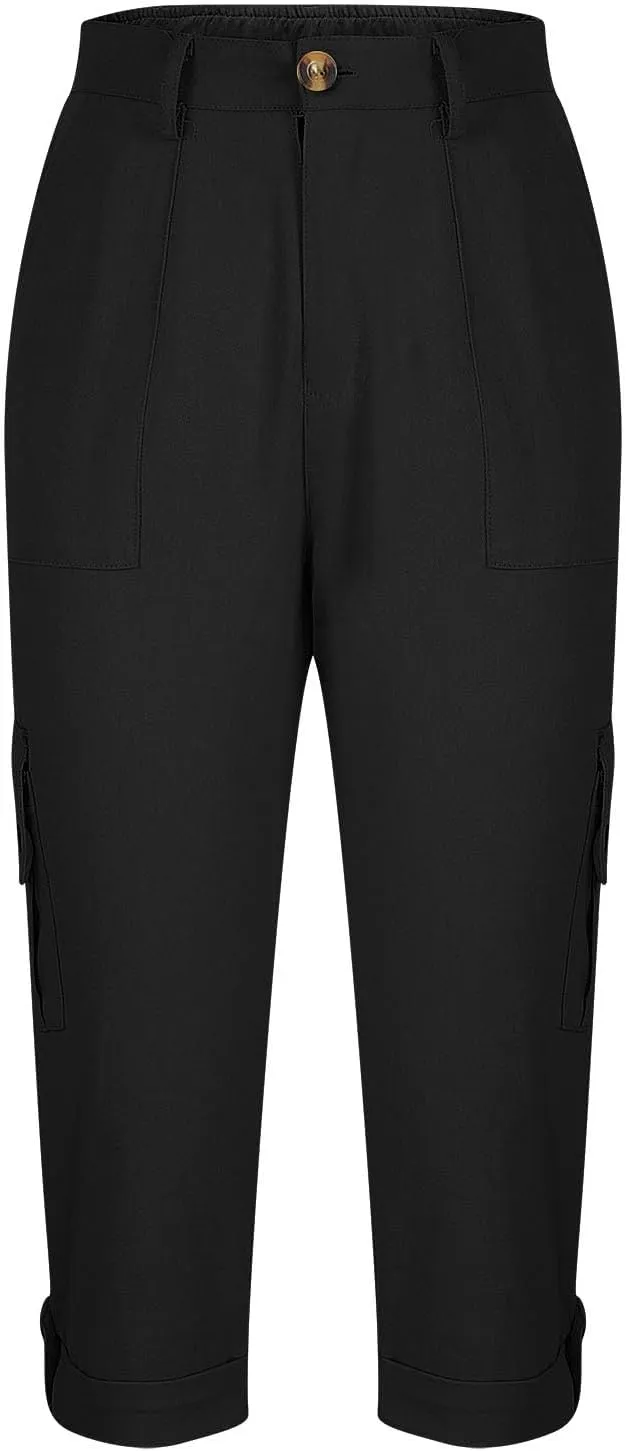 Capri Pants for Women Summer 2024 Cotton Linen Trousers with Pockets Straight Cropped Trousers Pants for Work