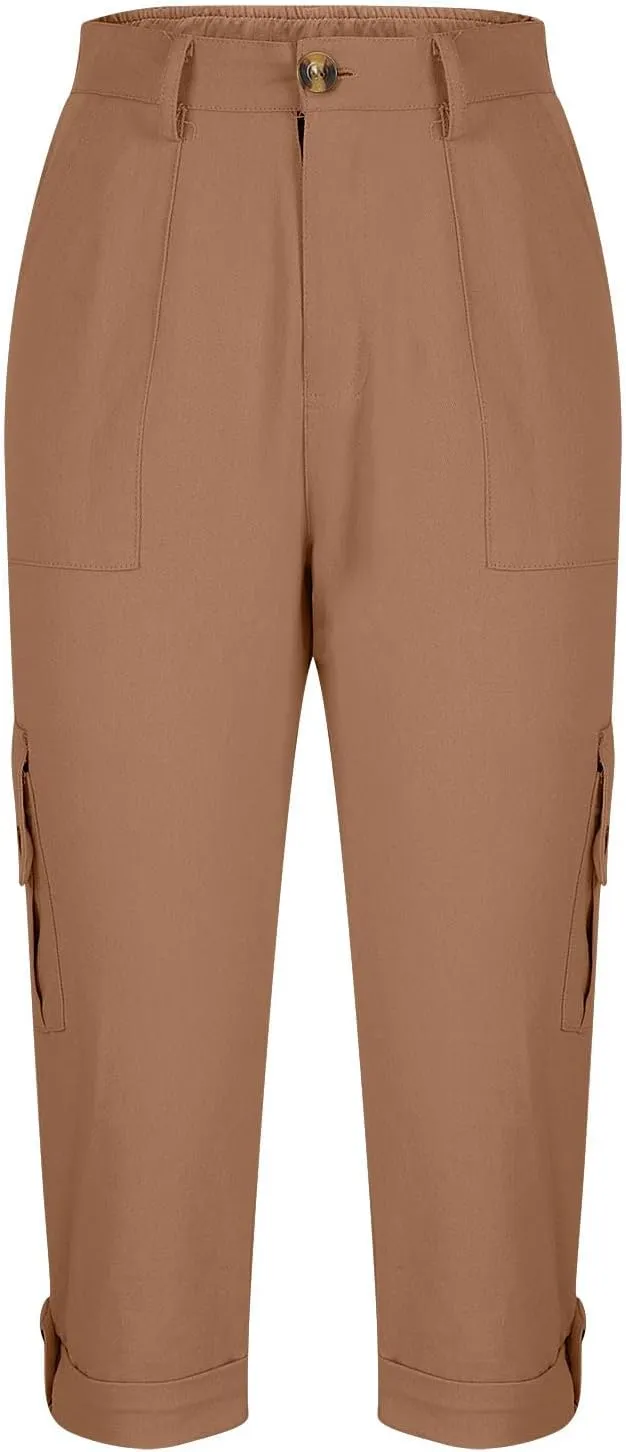 Capri Pants for Women Summer 2024 Cotton Linen Trousers with Pockets Straight Cropped Trousers Pants for Work