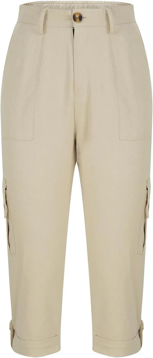 Capri Pants for Women Summer 2024 Cotton Linen Trousers with Pockets Straight Cropped Trousers Pants for Work