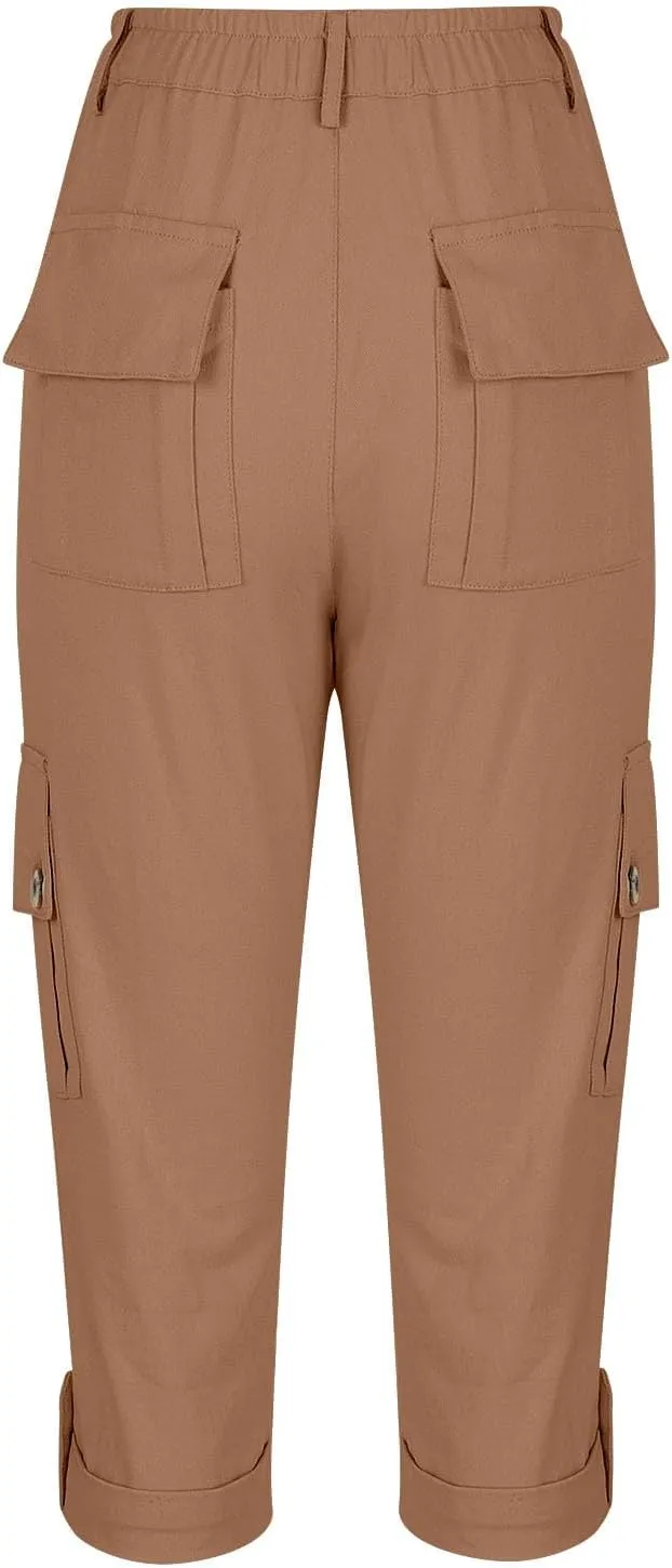 Capri Pants for Women Summer 2024 Cotton Linen Trousers with Pockets Straight Cropped Trousers Pants for Work