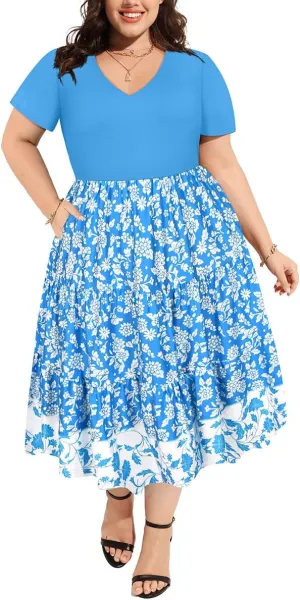 CARCOS Plus Size Dresses for Women Summer Short Sleeve V Neck Patchwork Dresseses XL-5XL