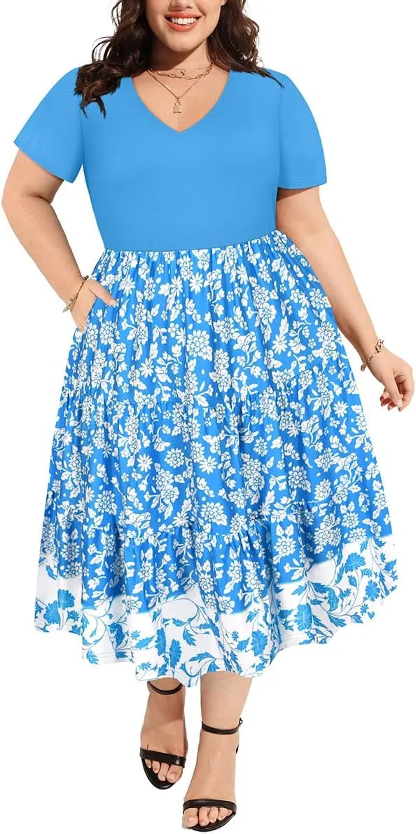 CARCOS Plus Size Dresses for Women Summer Short Sleeve V Neck Patchwork Dresseses XL-5XL