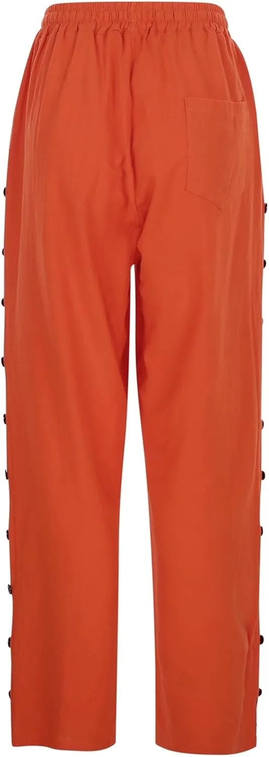 Casual Pants for Women Elastic Waist Summer Trendy Linen Capri Pants Straight Leg Baggy Beach Cotton Cropped Trousers