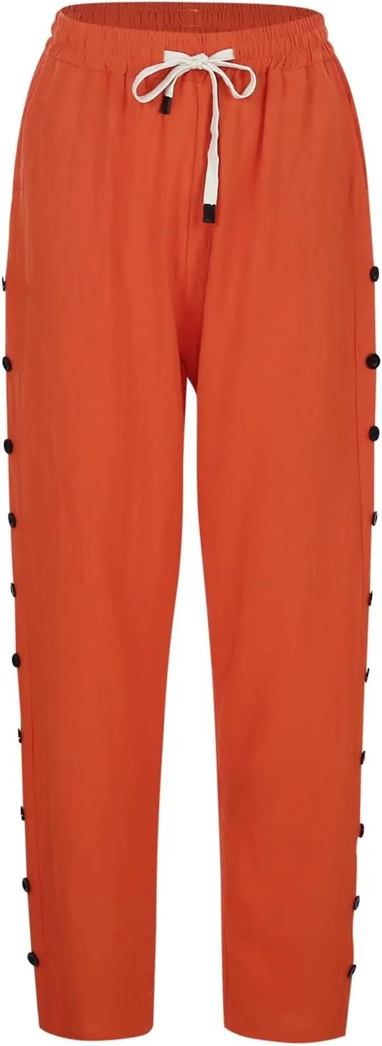 Casual Pants for Women Elastic Waist Summer Trendy Linen Capri Pants Straight Leg Baggy Beach Cotton Cropped Trousers