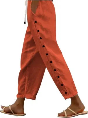 Casual Pants for Women Elastic Waist Summer Trendy Linen Capri Pants Straight Leg Baggy Beach Cotton Cropped Trousers