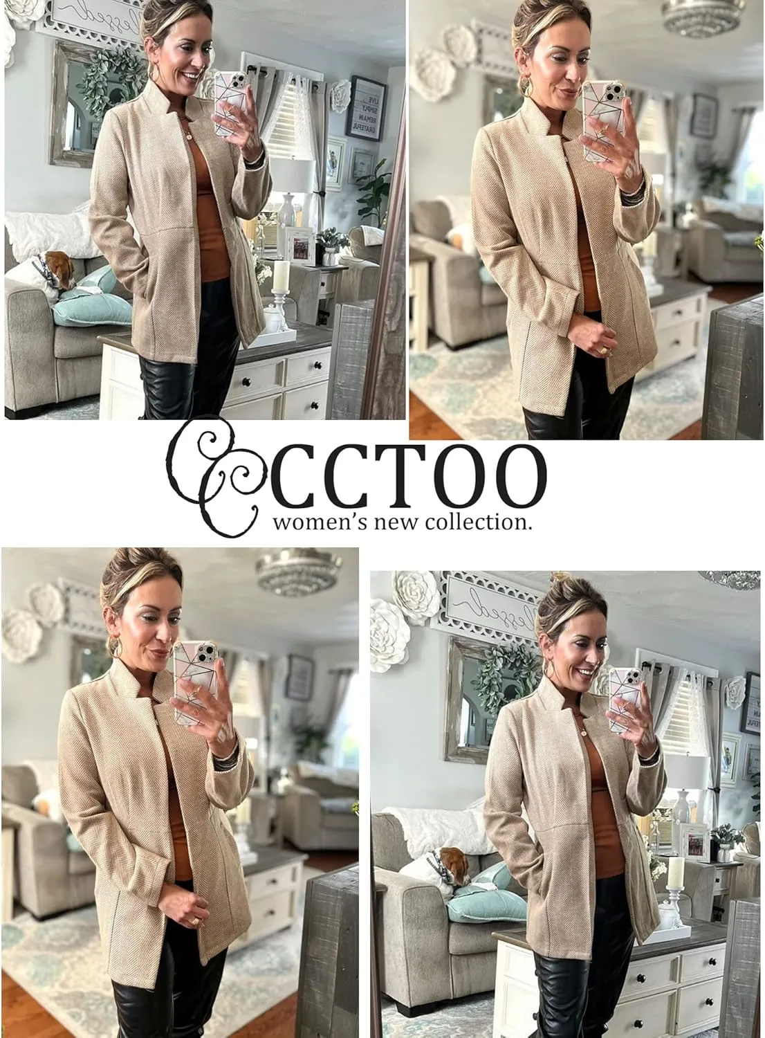 CCTOO Women's Coat Casual Open Front Blazer Long Sleeve Stand Collar Solid Trench Business Work Office Jacket Outwear