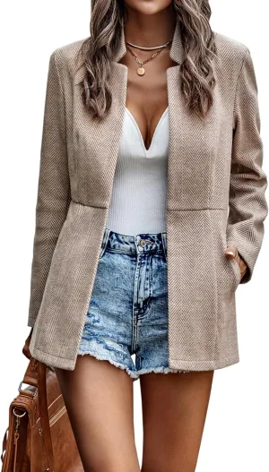 CCTOO Women's Coat Casual Open Front Blazer Long Sleeve Stand Collar Solid Trench Business Work Office Jacket Outwear