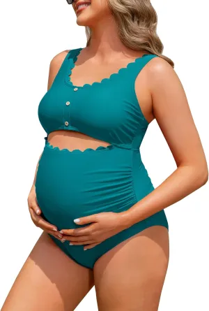 Charmo Maternity One Piece Swimsuit Scalloped Cut Out Ruched High Waisted Scoop Neck Pregnancy Bathing Suit